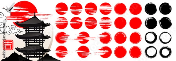 Obraz Mega set of Red Sun Symbols and Japanese Brush Circles. Grunge Calligraphy Stamps, Zen-Inspired Round Shapes, Korean or Chinese Style Elements, Set of black Abstract Asian Ink Blobs and Textures.