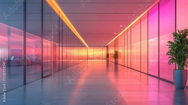 Obraz Modern Office Corridor with Neon Lights and Glass Walls at Dusk