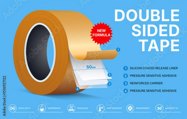 Obraz Realistic Vector Yellow Double-Sided Reinforced Duct Tape Roll with Infographic Layers, Sticky Structure, Icons, and Coating Details. Office, Tool, Repair, Industrial Adhesive Illustration