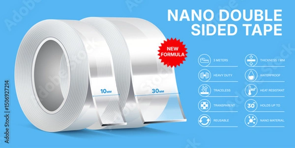 Obraz Reusable Transparent Nano Double-Sided Gel Tape. Photorealistic Vector Roll with Icons. Soft Sticky Silicone Tape for Wall, Craft, Home and Office Use