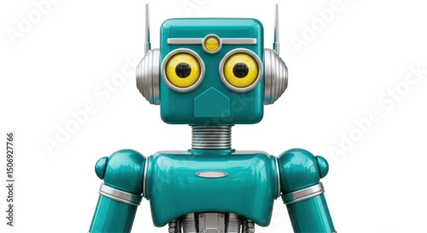 Fototapeta Isolated Teal Robot with Yellow Eyes and Retro Design