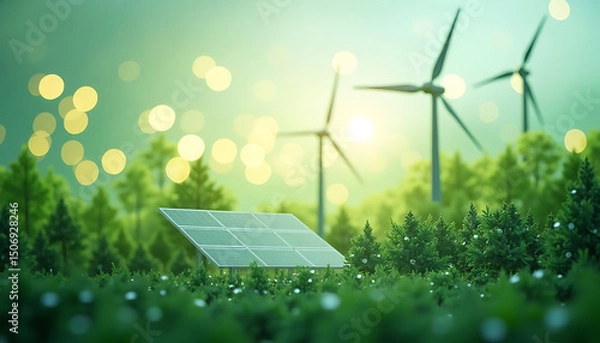 Obraz Solar Panel and Wind Turbine in Green Landscape