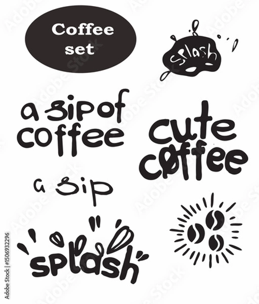 Fototapeta Coffee set of drawn vector doodles, coffee lettering, cafeteria, line art vector, favorite, stickers for coffee shop, get a break, stamp