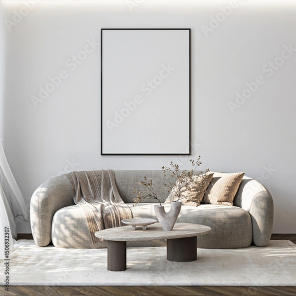 Fototapeta Frame mockup, ISO A paper size. Living room wall poster mockup. Interior mockup with house background. Modern interior design. 3D render

