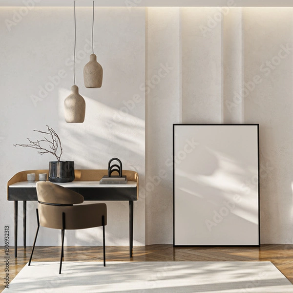 Fototapeta Frame mockup, ISO A paper size. Living room wall poster mockup. Interior mockup with house background. Modern interior design. 3D render
