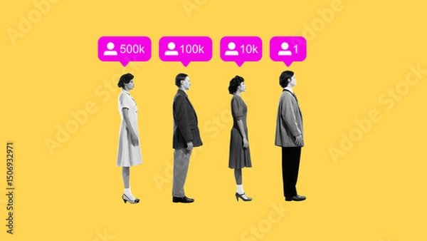 Fototapeta Followers Factory. People in line receive follower counts above heads like value stamps. Commentary on metrics obsession. Concept of social media addiction, influence, technology. Surreal artwork