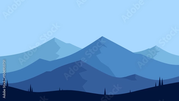 Fototapeta Landscape of mountain range scenery. Panoramic view of mountain peaks and ridges. Vector illustration of scenic landscape with majestic mountain range and ridges under blue sky