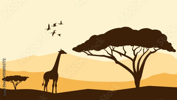 Fototapeta Wildlife landscape of a giraffe in a savannah scenery. Panoramic view of giraffe eating leaves from african tree. Vector illustration of scenic savanna with giraffe and flock of birds in the grassland