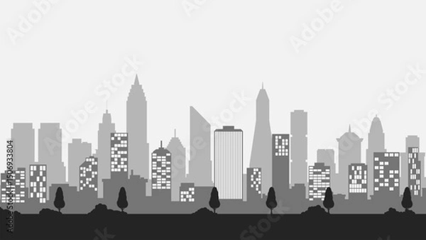 Fototapeta Cityscape of skyline building in the downtown. Scenery of the city landscape with apartment and skyscrapers architecture. Vector illustration of a scenic cloudscape over the city with office buildings