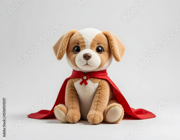 Obraz Whimsical puppy dog doll in a red superhero cape, sitting front and center on a pristine white surface, ready for a variety of creative projects