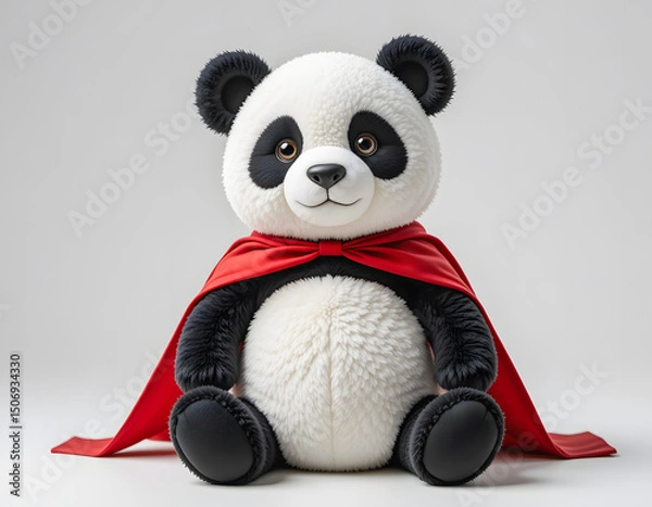 Fototapeta Adorable panda character with a friendly expression, dressed as a superhero, on a clean white background.