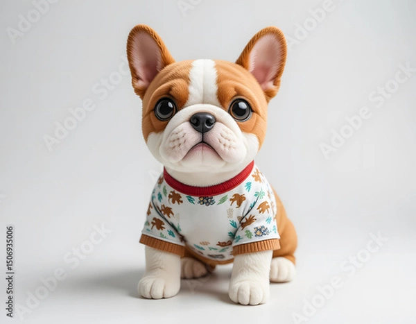 Obraz A cute and charming French Bulldog puppy plush toy with brown and white fur, wearing a patterned t-shirt.