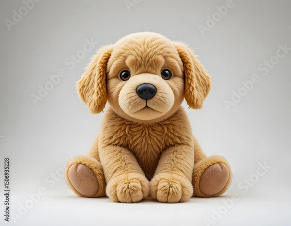 Obraz A charming plush puppy dog doll with soft golden-brown fur, large floppy ears, and a cute black nose, sitting upright against a clean white background.