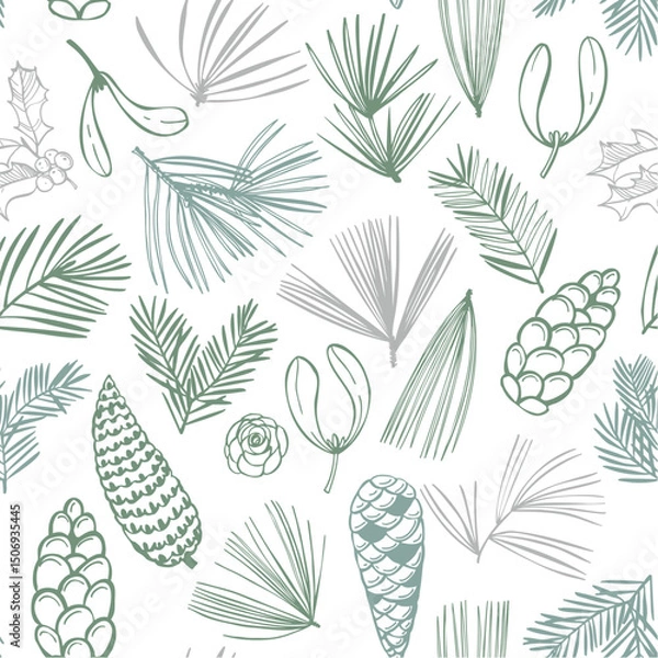 Fototapeta Hand-drawn branches and cones of coniferous trees. Christmas plants.  Vector  seamless pattern.
