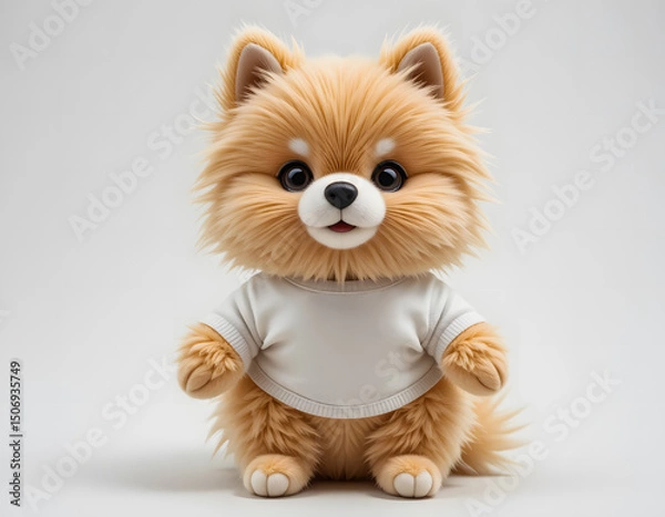 Obraz An endearing puppy plush, a Pomeranian with a sweet face, wearing a basic white top on a clean white background.