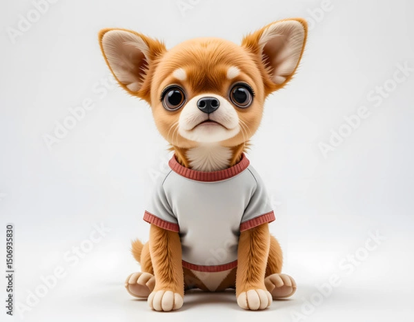 Obraz Adorable stuffed dog doll with big eyes and ears, dressed in a sporty shirt on a white background.