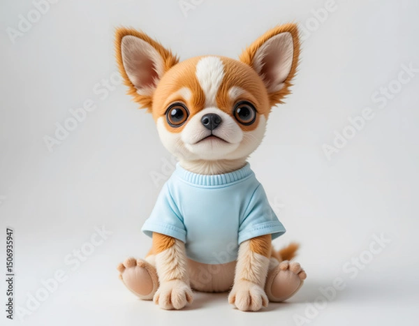 Obraz A lovable brown and white chihuahua doll, perfect for children, in a blue shirt on a white background.