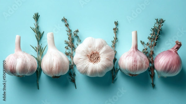Fototapeta Garlic bulbs with herbs arranged in line on blue background, minimal culinary composition with contrast color for recipe or healthy food template