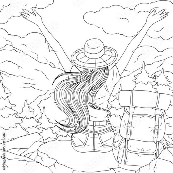 Fototapeta Vector illustration, girl tourist enjoying the view of mountain nature, book coloring.