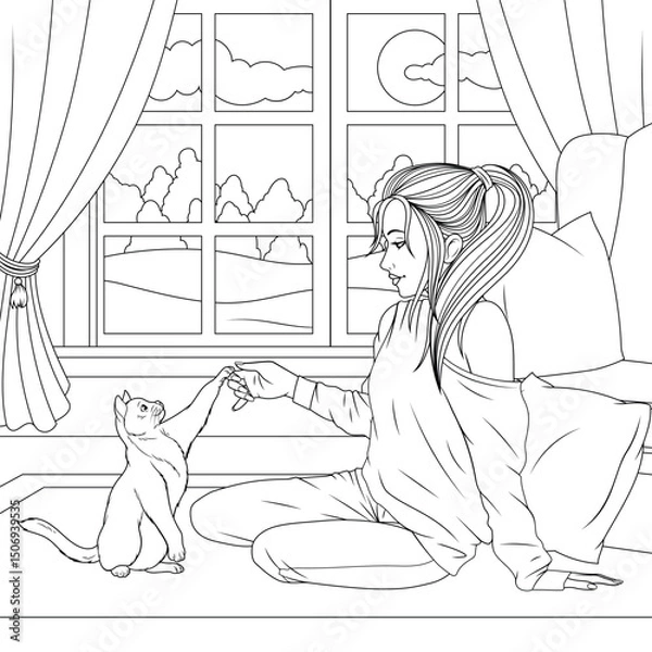 Fototapeta Vector illustration, beautiful girl playing with cat in room, book coloring.