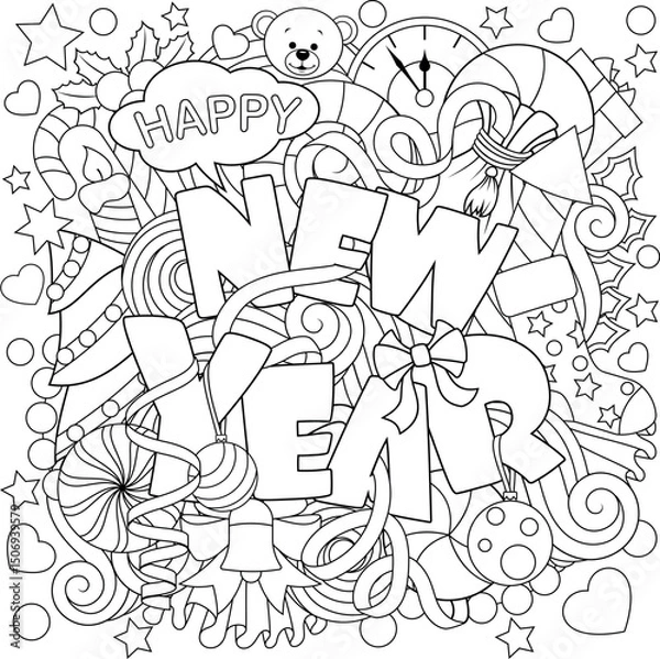 Fototapeta Vector illustration, New Year greeting card, book coloring.