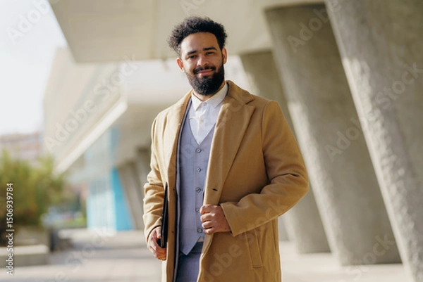 Obraz A Stylish Man in a WellFitted Overcoat is Posing Confidently Outdoors Against a City Backdrop