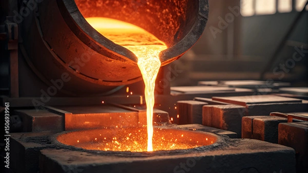 Fototapeta A powerful and dramatic depiction of hot molten metal being poured from a massive crucible into a round mold at a steel foundry. Bright orange and yellow liquid metal glows vividly as it flows.