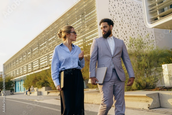 Obraz A group of professional colleagues is seen walking together in an urban environment today