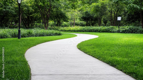 Fototapeta Curved sidewalk in green park surrounded by lush grass and trees, creating serene atmosphere