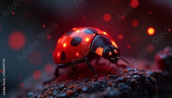 Fototapeta Close-up of a vibrant ladybug on textured ground with ethereal glowing orbs