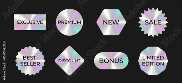 Obraz Iridescent marketing, sale text labels with chrome foil effect. Promo holographic gradient badge set. Premium, New, Bonus, Discount, Exclusive metallic stickers.