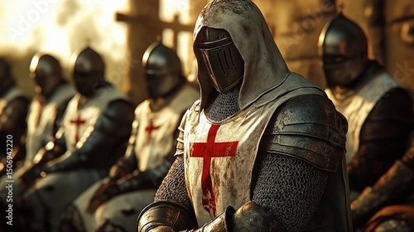 Fototapeta Group of medieval knights in armor with red crosses