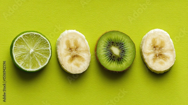Fototapeta Sliced lime, banana and kiwi fruit on vibrant green background, minimal tropical food layout with bright contrast for healthy eating concept or design template