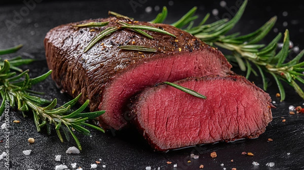 Fototapeta Sliced grilled steak with rosemary on dark slate background, juicy meat texture with rustic gourmet styling for food banner or recipe template