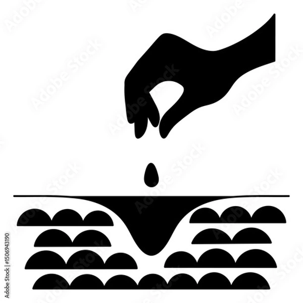 Fototapeta Planting seeds for germination. Hand throws a seed into a hole dug in loose soil. Silhouette. Vector illustration. Isolated white background. Idea for web design.