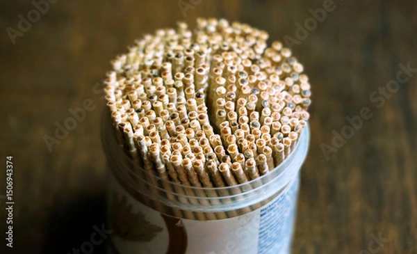 Fototapeta Selective focus of toothpicks placed on a table