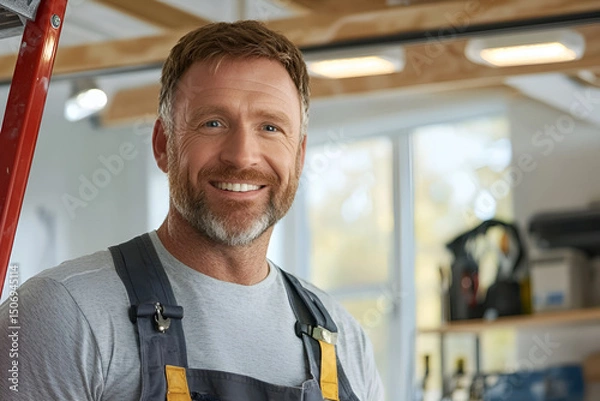Fototapeta Smiling caucasian male adult carpenter in workshop setting