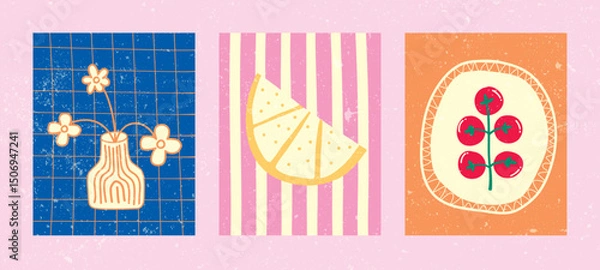 Fototapeta Set of Hand Drawn Fruit and Flower Illustrations – Vintage Style Minimal Posters with Grunge Texture. Includes lemon, tomato, and floral vase in pastel backgrounds with textured grunge finish.