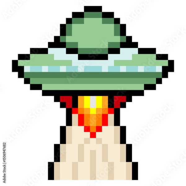 Fototapeta Ufo flying saucer with pixel art isolated on white background
