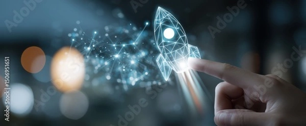 Fototapeta The Rocket Design Launching from a Finger with Digital Connections