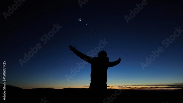 Fototapeta Silhouette of a man and countryside under the Moon, stars and planets in blue hour time.