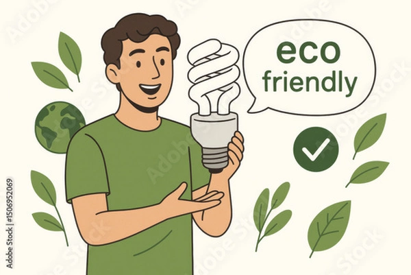 Fototapeta Eco friendly man holding energy efficient lightbulb speech bubble green sustainable lifestyle. Environmental protection awareness climate change solution earth day conservation ecology vector