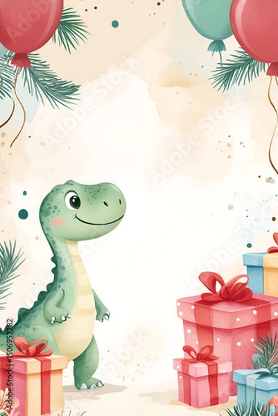 Fototapeta Cute dinosaur with balloons and gifts in festive background