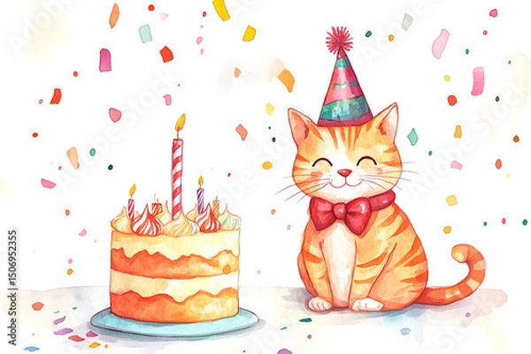 Fototapeta Celebratory cat with birthday cake and party hat surrounded by colorful confetti