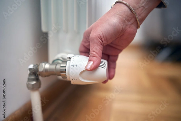 Fototapeta Woman rotating heating valve on a chilly winter day, energy and gas crisis, cold room, heating problems.