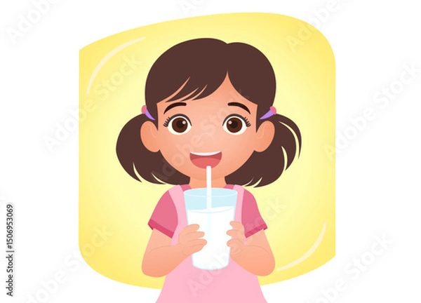 Obraz healthy little child holding glass of fresh milk with straw