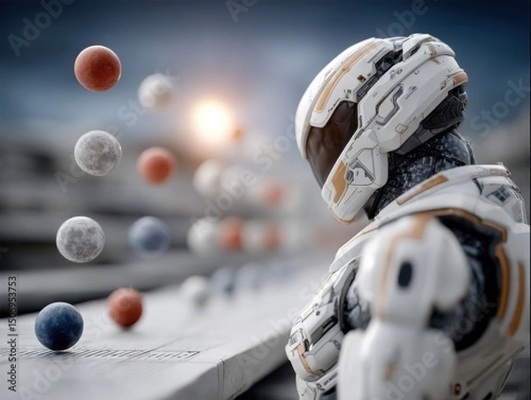 Fototapeta Futuristic Robot Gazing at Colorful Floating Spheres in a Sci-Fi Environment
