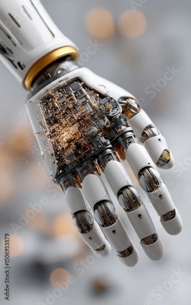 Fototapeta Futuristic Robotic Hand with Exposed Mechanisms and Sparks Against a Blurred Background