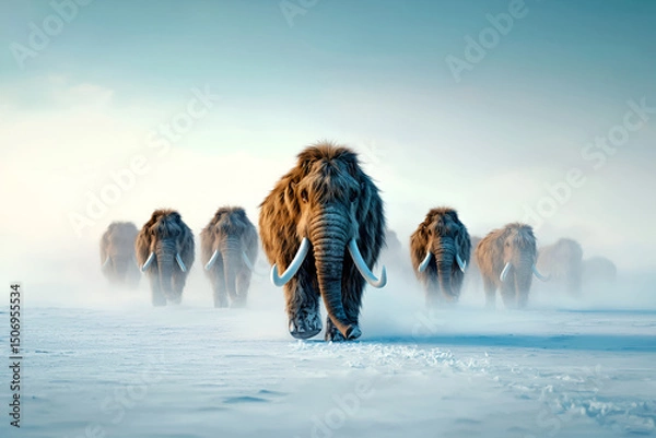 Fototapeta Mammoths walking through a snowy landscape, surrounded by a misty atmosphere, showcasing their majestic presence in a prehistoric setting, evoking a sense of wonder and ancient history