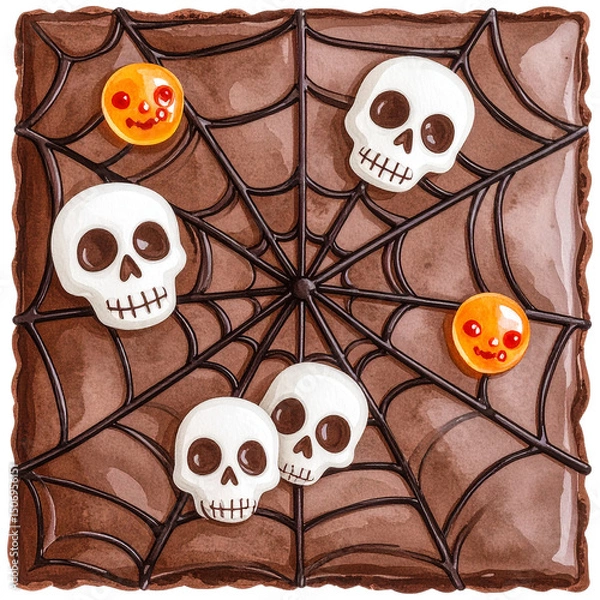 Fototapeta watercolor-style Halloween desserts, featuring cupcakes, donuts, candy, parfaits, Perfect for seasonal designs, stickers, scrapbooks, and party invitations. This charming set blends horror 